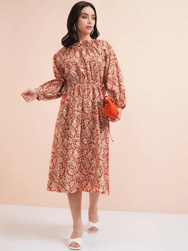 Tokyo Talkies Women Rust Printed Fit And Flare Dress