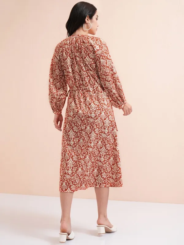 Tokyo Talkies Women Rust Printed Fit And Flare Dress