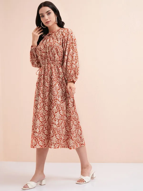 Tokyo Talkies Women Rust Printed Fit And Flare Dress