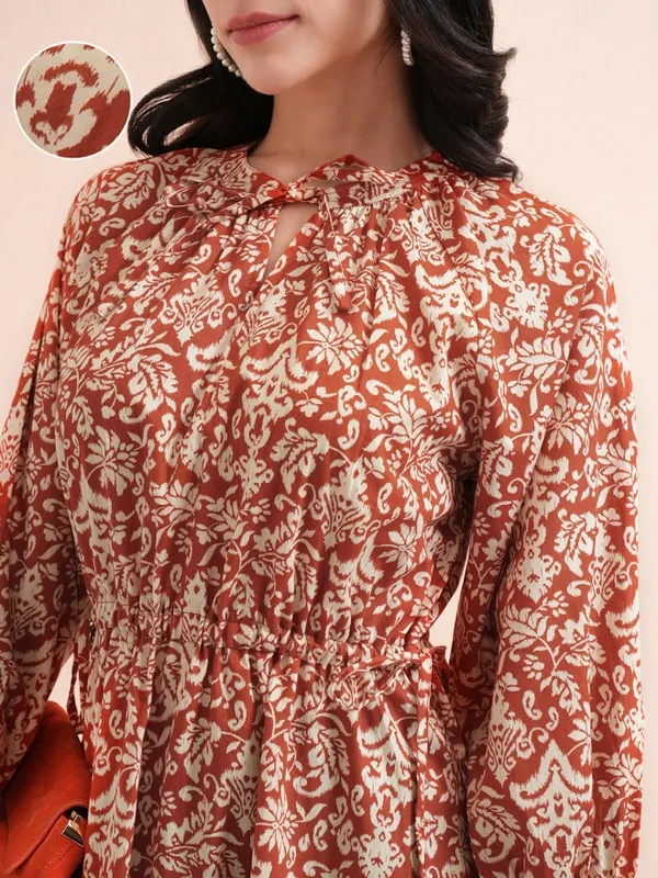 Tokyo Talkies Women Rust Printed Fit And Flare Dress