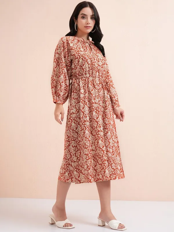 Tokyo Talkies Women Rust Printed Fit And Flare Dress