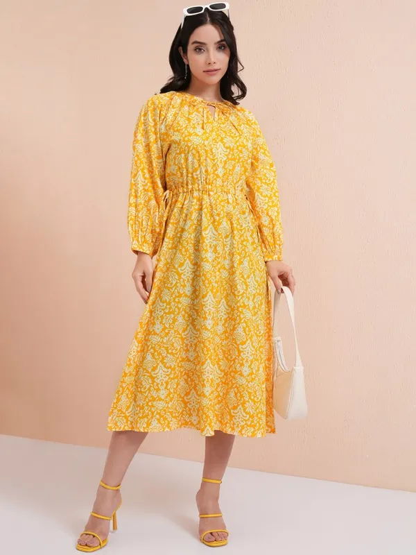 Tokyo Talkies Women Yellow Printed Fit And Flare Dress