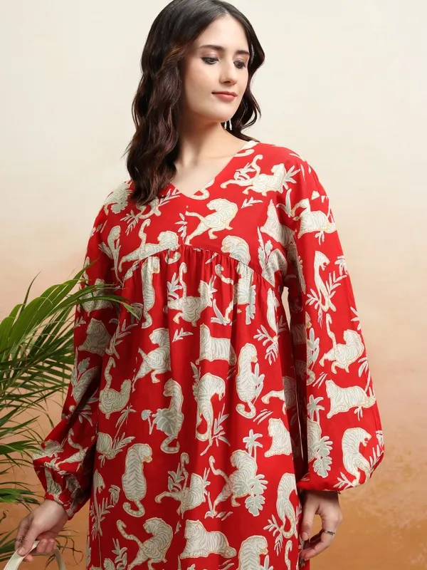 Tokyo Talkies Women Red Printed Fit and Flare Dress