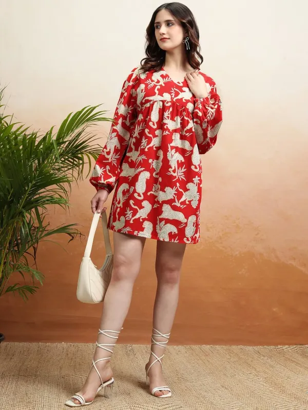 Tokyo Talkies Women Red Printed Fit and Flare Dress