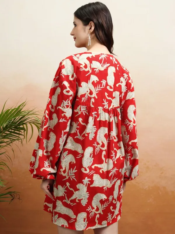 Tokyo Talkies Women Red Printed Fit and Flare Dress