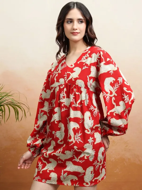 Tokyo Talkies Women Red Printed Fit and Flare Dress