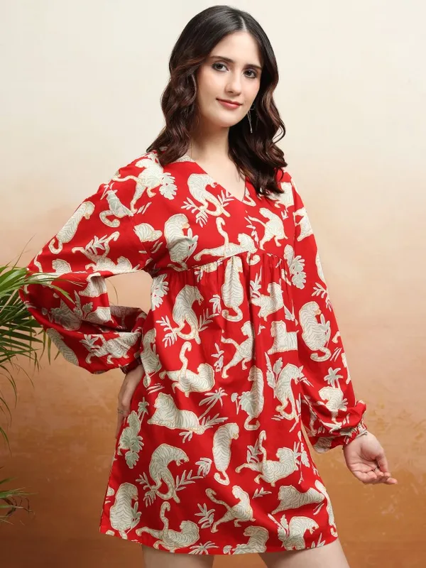 Tokyo Talkies Women Red Printed Fit and Flare Dress