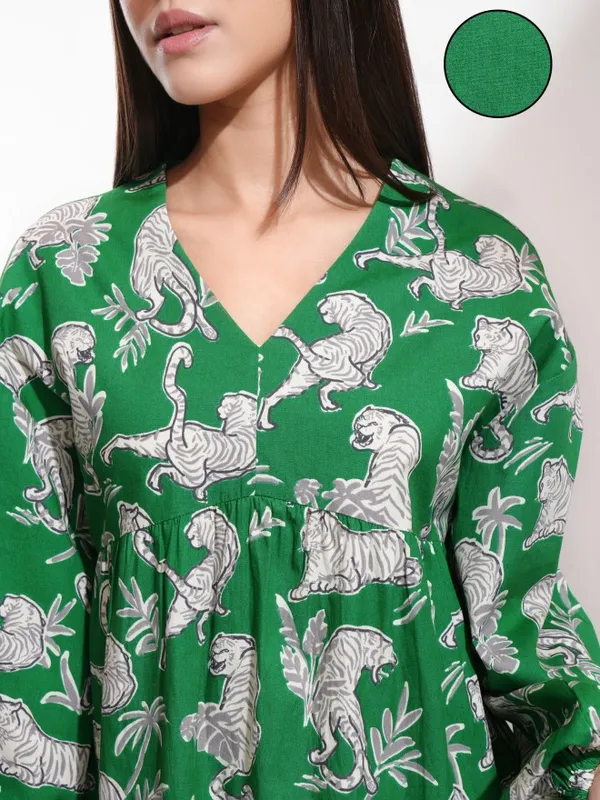Tokyo Talkies Women Green Printed Fit And Flare Dress
