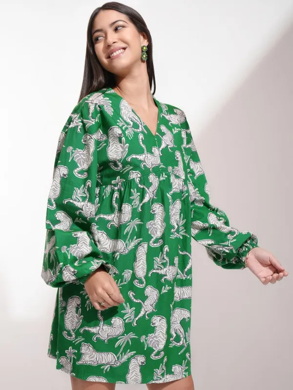 Tokyo Talkies Women Green Printed Fit And Flare Dress