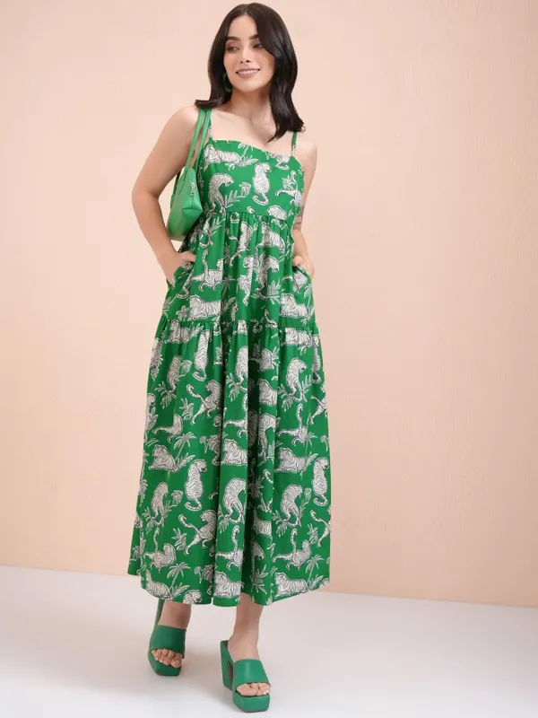 Tokyo Talkies Women Green Printed Fit And Flare Dress