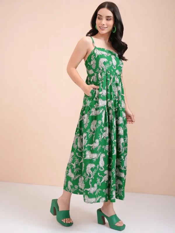 Tokyo Talkies Women Green Printed Fit And Flare Dress