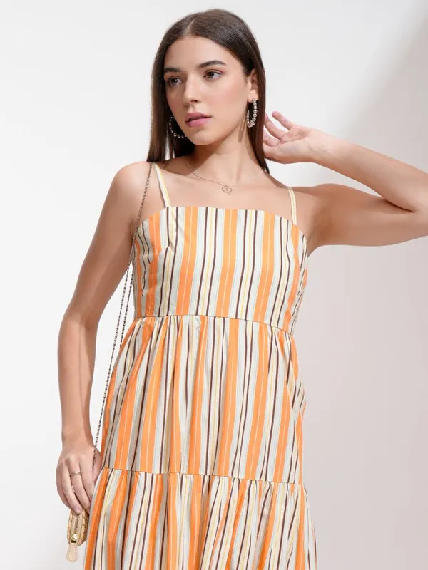 Tokyo Talkies Women Orange Striped A-Line Dress