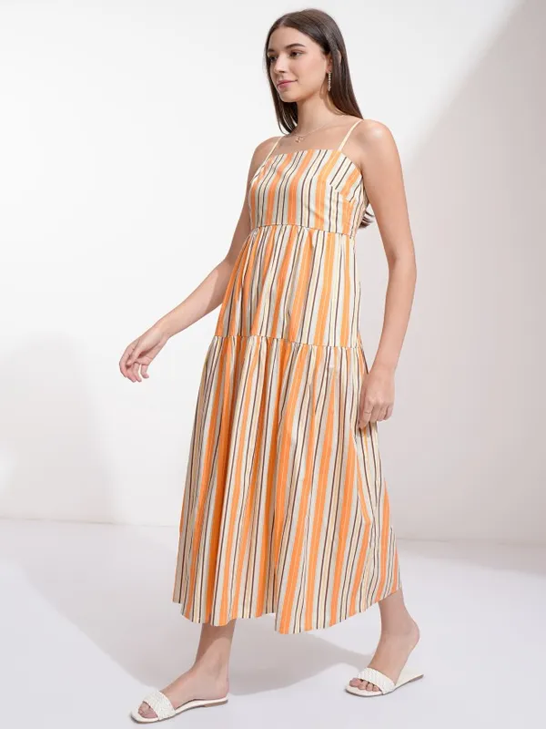 Tokyo Talkies Women Orange Striped A-Line Dress