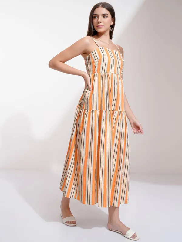 Tokyo Talkies Women Orange Striped A-Line Dress