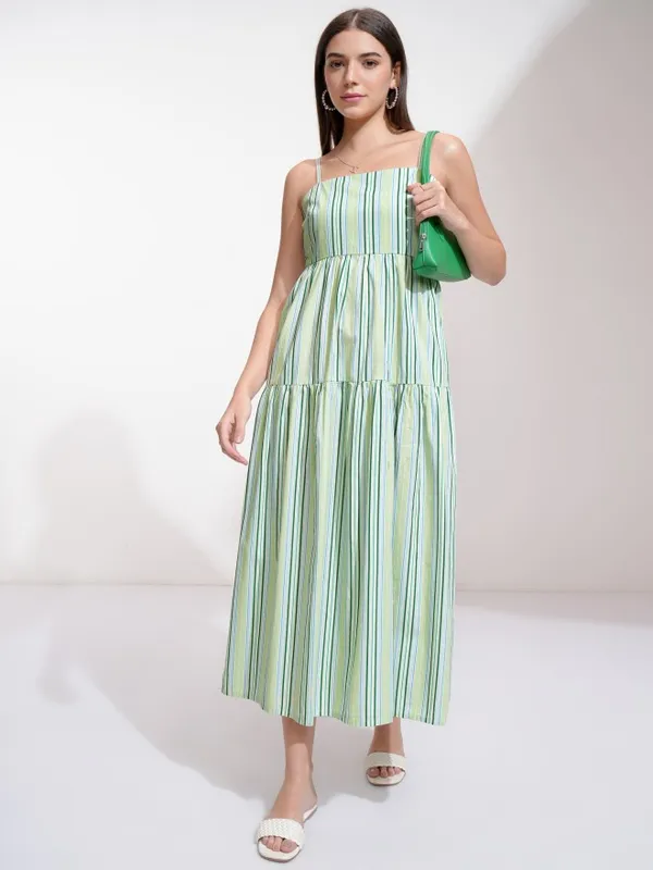 Tokyo Talkies Women Green Striped A-Line Dress