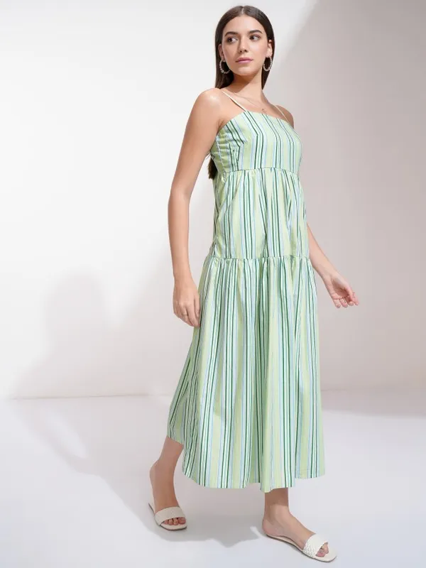 Tokyo Talkies Women Green Striped A-Line Dress