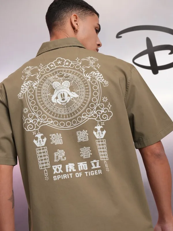 Disney By Highlander Men Khaki Mickey Mouse Printed Relaxed Fit Casual Shirt