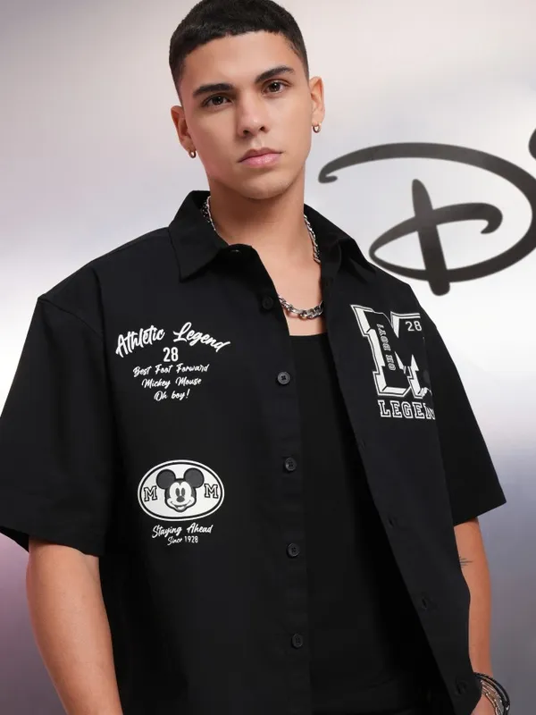 Disney By Highlander Men Black Mickey Mouse Printed Oversized Fit Casual Shirt
