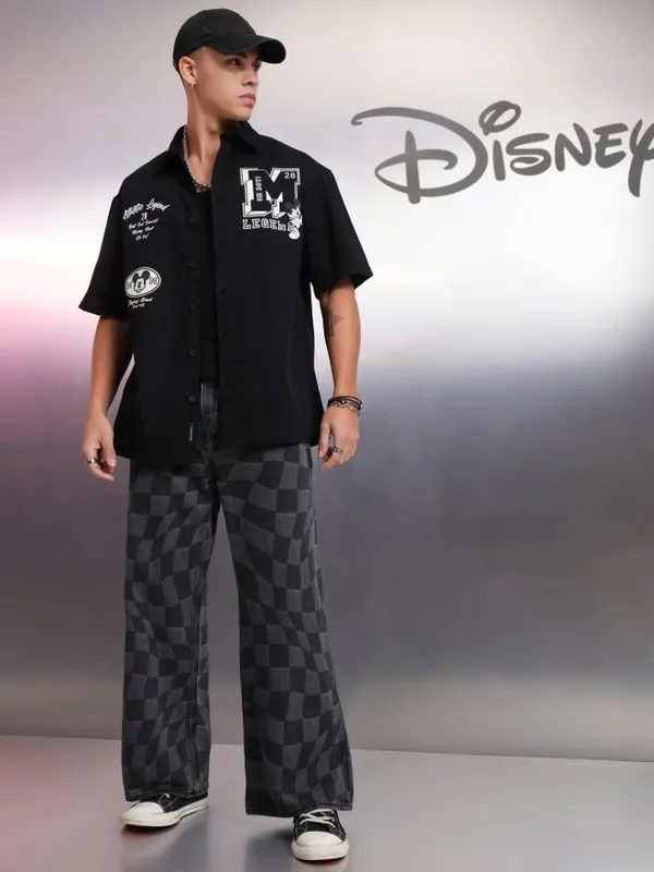 Disney By Highlander Men Black Mickey Mouse Printed Oversized Fit Casual Shirt