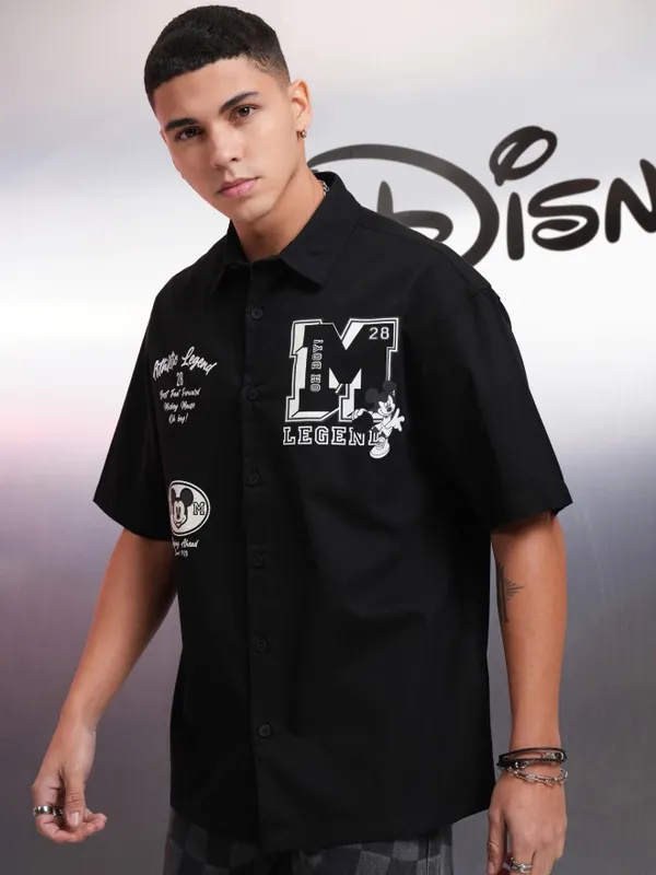 Disney By Highlander Men Black Mickey Mouse Printed Oversized Fit Casual Shirt