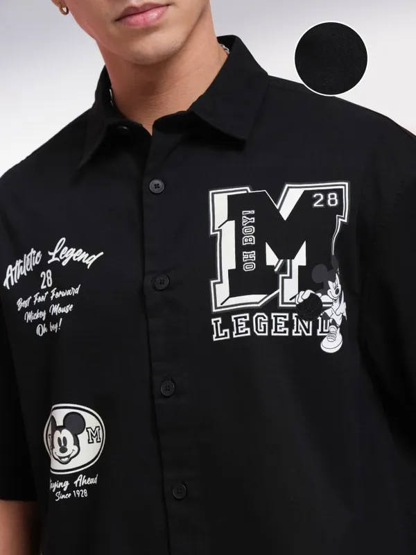 Disney By Highlander Men Black Mickey Mouse Printed Oversized Fit Casual Shirt