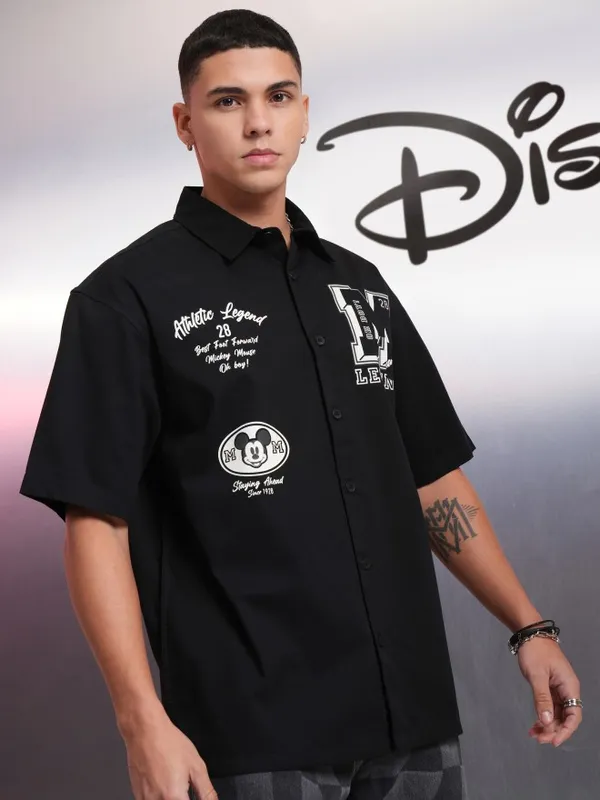 Disney By Highlander Men Black Mickey Mouse Printed Oversized Fit Casual Shirt