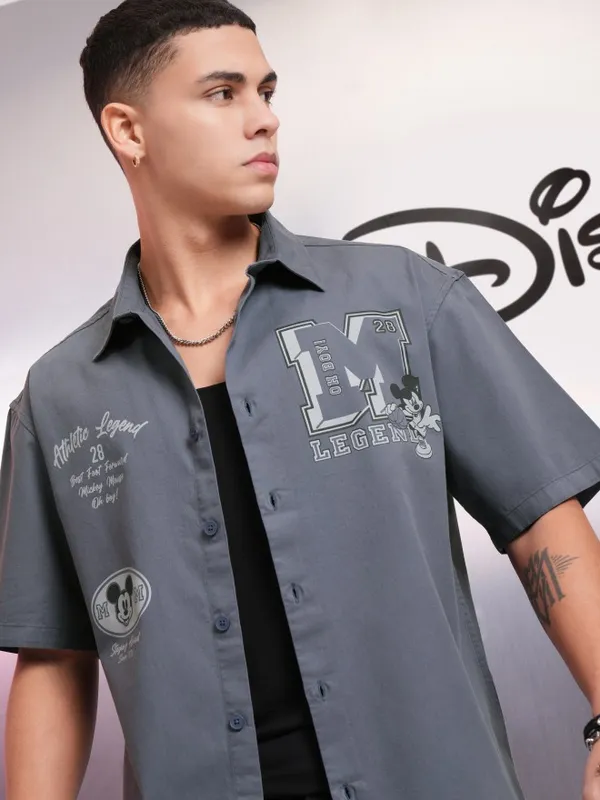 Disney By Highlander Men Grey Mickey Mouse Printed Oversized Fit Casual Shirt