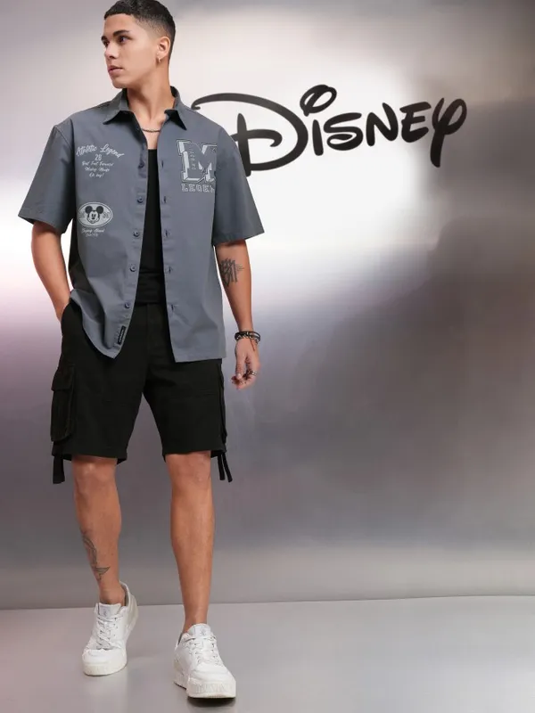 Disney By Highlander Men Grey Mickey Mouse Printed Oversized Fit Casual Shirt