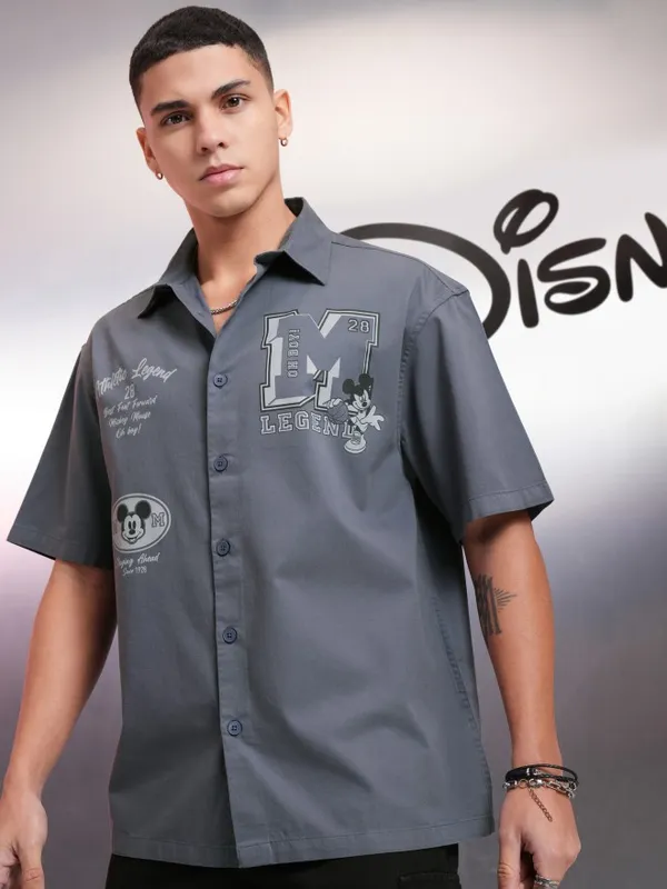 Disney By Highlander Men Grey Mickey Mouse Printed Oversized Fit Casual Shirt