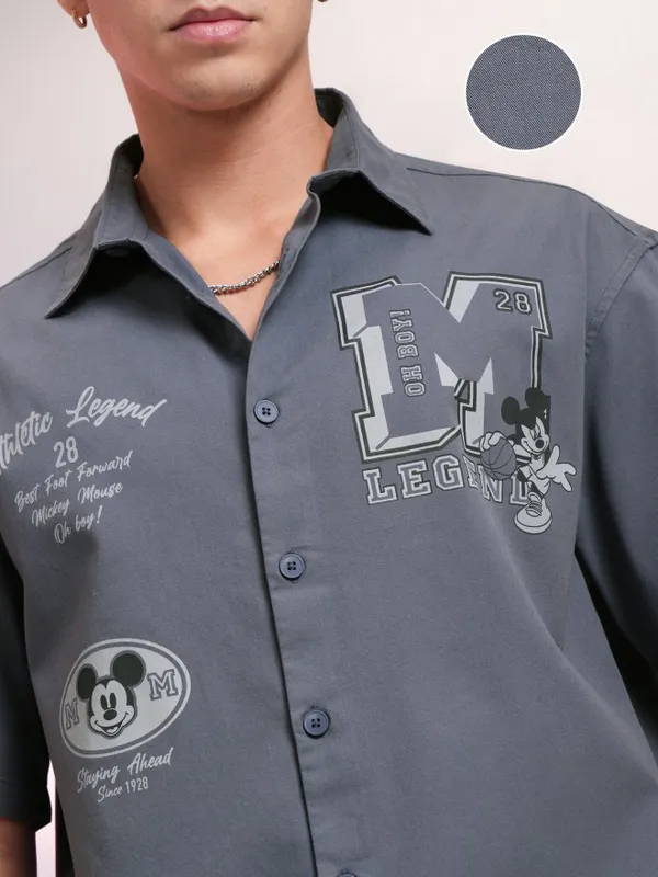 Disney By Highlander Men Grey Mickey Mouse Printed Oversized Fit Casual Shirt