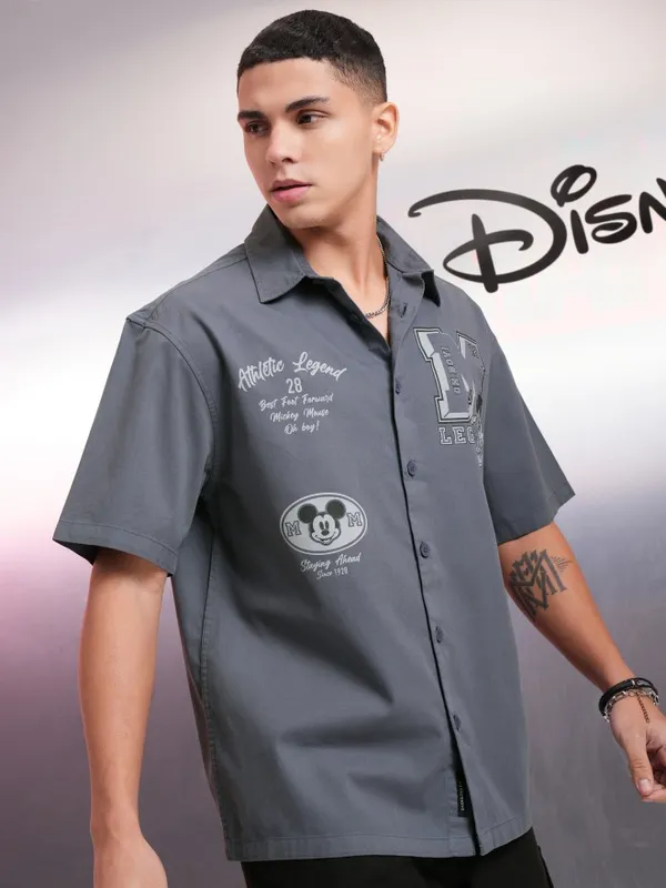Disney By Highlander Men Grey Mickey Mouse Printed Oversized Fit Casual Shirt