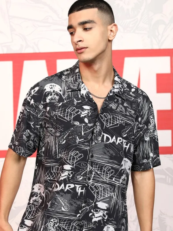 Star Wars By Highlander Men Black Darth Vader Printed Relaxed Fit Casual Shirt