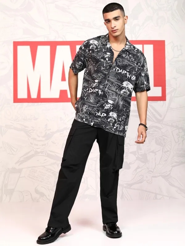 Star Wars By Highlander Men Black Darth Vader Printed Relaxed Fit Casual Shirt