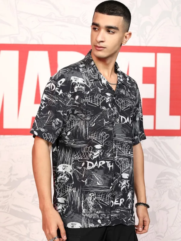 Star Wars By Highlander Men Black Darth Vader Printed Relaxed Fit Casual Shirt