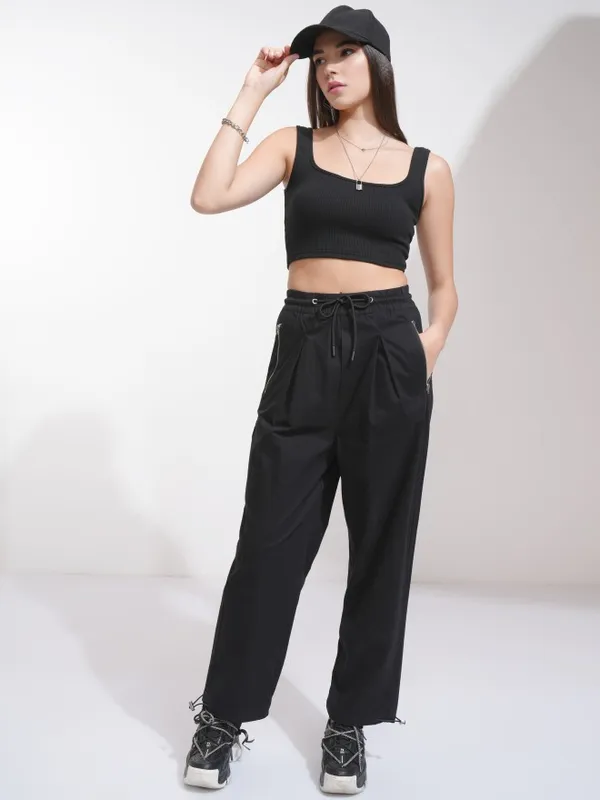 Tokyo Talkies Women Black Solid Regular Fit Casual Trousers