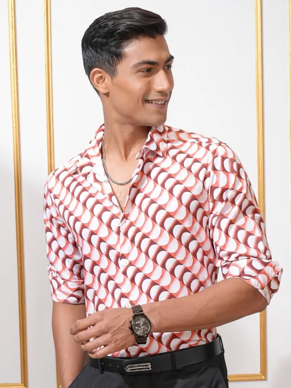 Locomotive Men Red Printed Slim Fit Casual Shirt