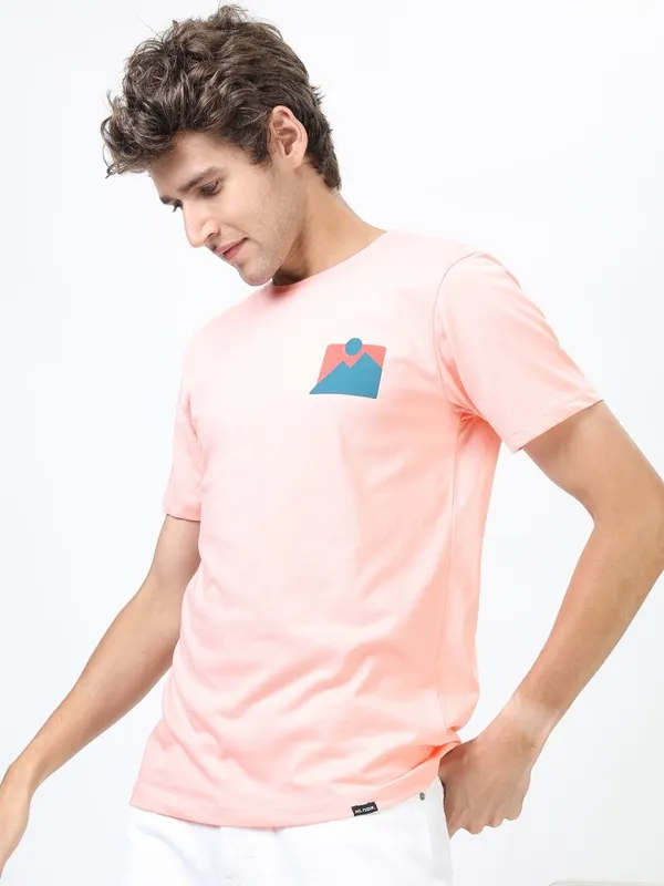 Highlander Men Pink Printed Round Neck Slim Fit T-Shirt