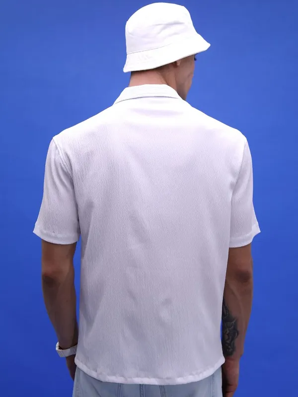 Highlander Men White Self Design Oversized Fit Casual Shirt