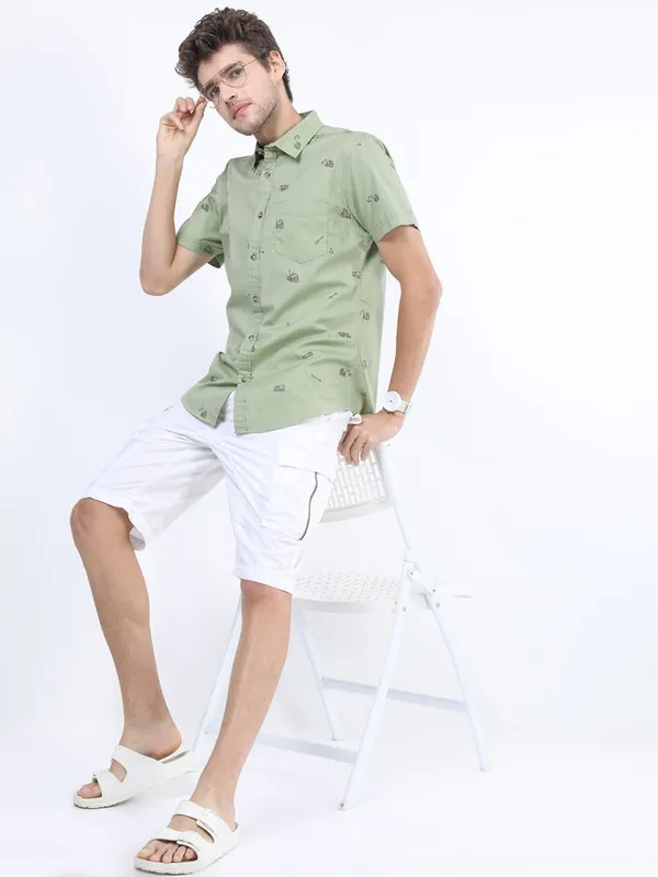 Ketch Men Olive Printed Slim Fit Casual Shirt