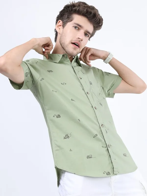 Ketch Men Olive Printed Slim Fit Casual Shirt