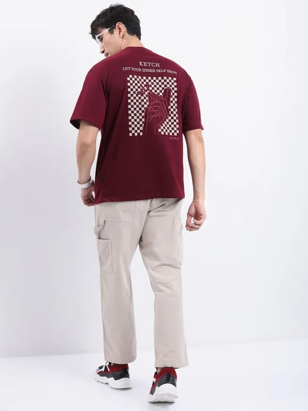 Ketch Men Maroon Printed Oversized Fit T-Shirt