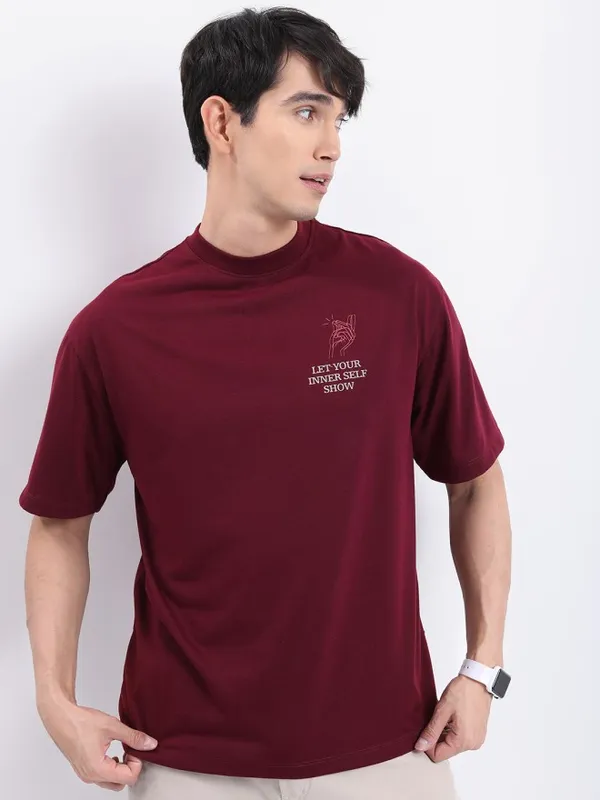 Ketch Men Maroon Printed Oversized Fit T-Shirt