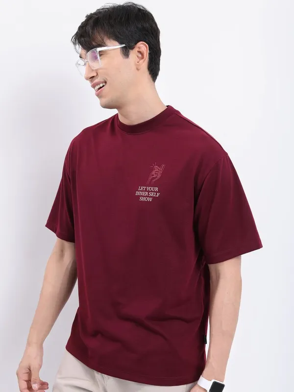 Ketch Men Maroon Printed Oversized Fit T-Shirt