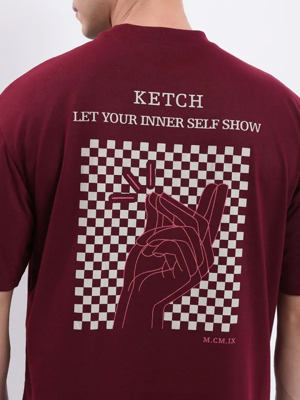 Ketch Men Maroon Printed Oversized Fit T-Shirt