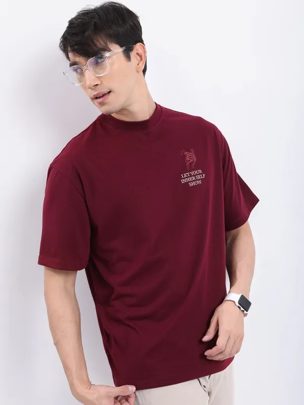 Ketch Men Maroon Printed Oversized Fit T-Shirt