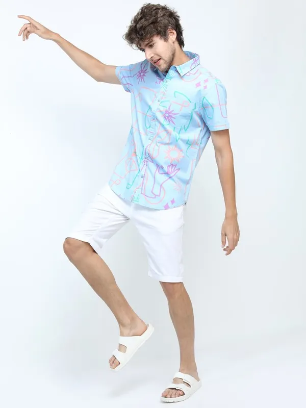 Locomotive Men Blue Printed Slim Fit Casual Shirt