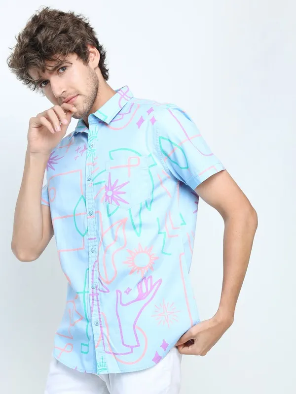 Locomotive Men Blue Printed Slim Fit Casual Shirt