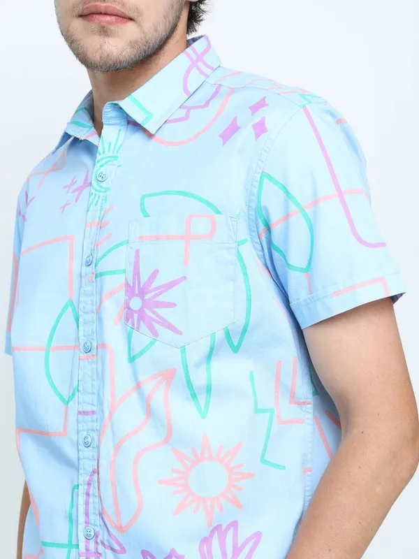 Locomotive Men Blue Printed Slim Fit Casual Shirt