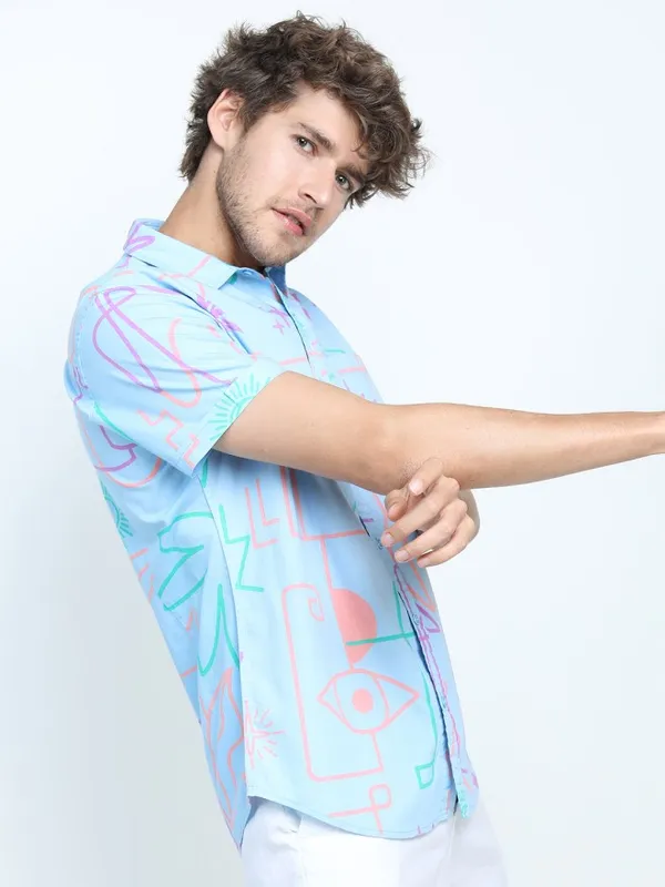 Locomotive Men Blue Printed Slim Fit Casual Shirt