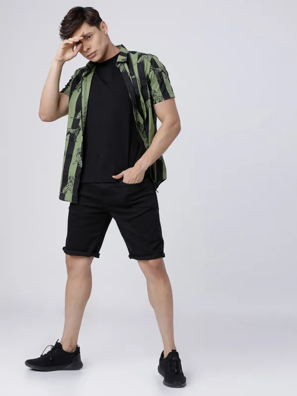 Locomotive Men Olive Printed Slim Fit Casual Shirt